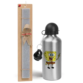 SpongeBob SquarePants character, Easter Set, metallic silver aluminum water bottle (500ml) & aromatic flat Easter candle (30cm) (GRAY)