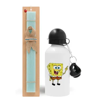 SpongeBob SquarePants character, Easter Set, metallic aluminum water bottle (500ml) & scented flat candle (30cm) (TURQUOISE)