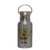 Stainless steel metallic thermos flask, silver with a bamboo lid, double-walled, 350ml.