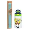 Easter Set, Children's thermal stainless steel bottle with safety straw, green/blue (350ml) & aromatic flat Easter candle (30cm) (TURQUOISE)