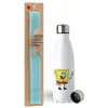 Easter Set, metallic stainless steel water bottle (750ml) & aromatic flat Easter candle (30cm) (TURQUOISE)