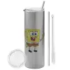 Tumbler stainless steel Silver 600ml, with metal straw & cleaning brush