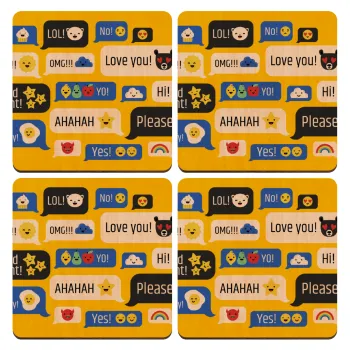 Emoji's text messages, ΣΕΤ x4 Σουβέρ ξύλινα τετράγωνα plywood (9cm)