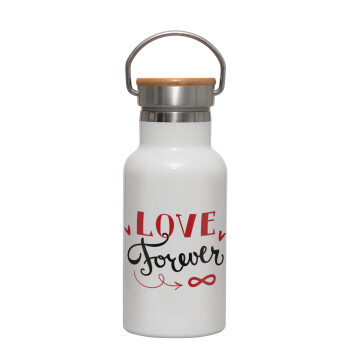 Love forever ∞, Metallic thermos (Stainless steel) White with wooden lid (bamboo), double-walled, 350ml