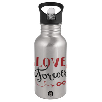 Love forever ∞, Water bottle Silver with straw, stainless steel 500ml