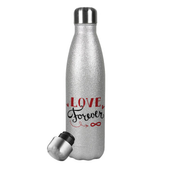 Love forever ∞, Μεταλλικό παγούρι θερμός Glitter Aσημένιο (Stainless steel), διπλού τοιχώματος, 500ml
