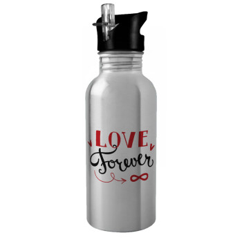 Love forever ∞, Water bottle Silver with straw, stainless steel 600ml