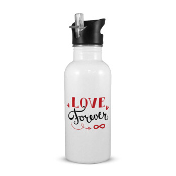 Love forever ∞, Παγούρι νερού Λευκό με καλαμάκι, ανοξείδωτο ατσάλι 600ml