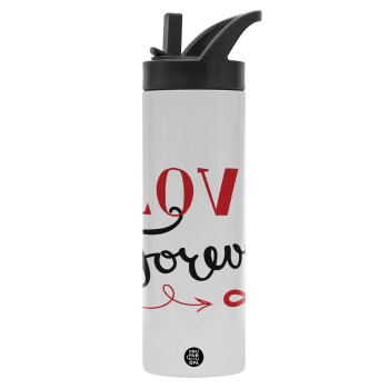 Love forever ∞, Metallic thermos bottle with straw & handle, stainless steel (Stainless steel 304), double-walled, 600ml.