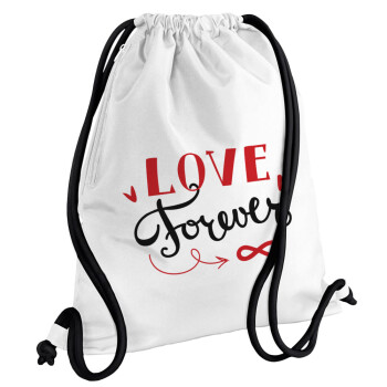 Love forever ∞, Τσάντα πλάτης πουγκί GYMBAG λευκή, με τσέπη (40x48cm) & χονδρά κορδόνια