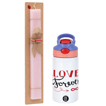 Love forever ∞, Easter Set, Children's thermal stainless steel water bottle with safety straw, pink/purple (350ml) & Easter scented flat candle (30cm) (PINK)