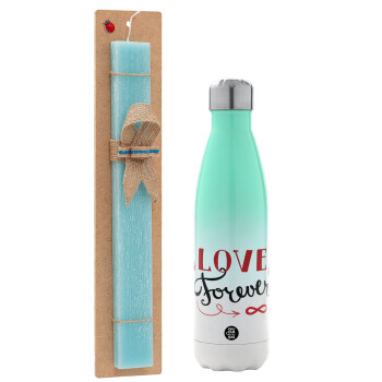 Love forever ∞, Easter Set, Metallic green/white thermos (Stainless steel), double-walled, 500ml & scented flat Easter candle (30cm) (TURQUOISE)