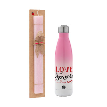 Love forever ∞, Easter Set, Metallic pink/white (Stainless steel) thermos, double-walled, 500ml & aromatic flat Easter candle (30cm) (PINK)