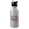 Water bottle Silver with straw, stainless steel 600ml