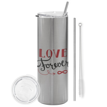 Love forever ∞, Eco friendly stainless steel Silver tumbler 600ml, with metal straw & cleaning brush
