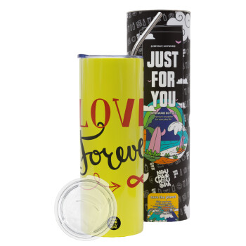 Love forever ∞, Neon Yellow Travel Tumbler, with metal straw (Stainless steel 304 Food grade, BPA free, 600ml)