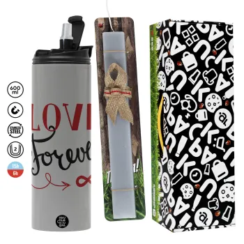 Love forever ∞, Πασχαλινή Λαμπάδα με Travel Tumbler θερμό (600ml, BPA free) & κερί αρωματικό πλακέ (30cm) (ΓΚΡΙ)