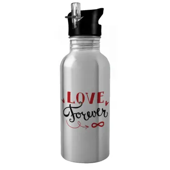 Love forever ∞, Water bottle Silver with straw, stainless steel 600ml