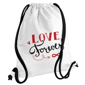 Love forever ∞, Backpack pouch GYMBAG white, with pocket (40x48cm) & thick cords