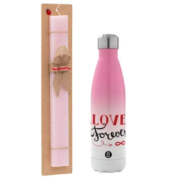 Love forever ∞, Easter Set, Metallic pink/white (Stainless steel) thermos, double-walled, 500ml & aromatic flat Easter candle (30cm) (PINK)