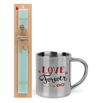 Love forever ∞, Easter Set, metallic thermal cup (300ml) & aromatic flat Easter candle (30cm) (TURQUOISE)