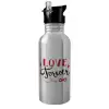 Water bottle Silver with straw, stainless steel 600ml