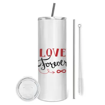 Love forever ∞, Tumbler ποτήρι θερμό από ανοξείδωτο ατσάλι 600ml, με μεταλλικό καλαμάκι & βούρτσα καθαρισμού