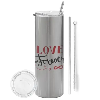 Love forever ∞, Tumbler stainless steel Silver 600ml, with metal straw & cleaning brush