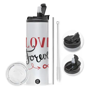 Love forever ∞, Travel Tumbler 2 Lids, with metal straw & cleaning brush (Stainless steel 304 Food grade, BPA free, 600ml)