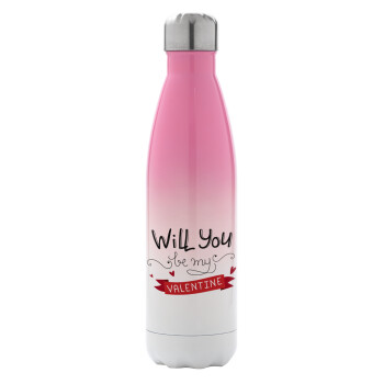Will you be my Valentine???, Μεταλλικό παγούρι θερμός Ροζ/Λευκό (Stainless steel), διπλού τοιχώματος, 500ml