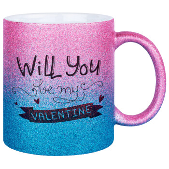 Will you be my Valentine???, Κούπα Χρυσή/Μπλε Glitter, κεραμική, 330ml