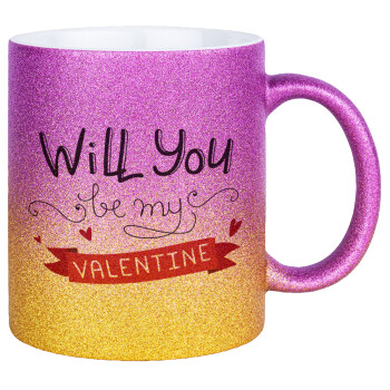 Will you be my Valentine???, Κούπα Χρυσή/Ροζ Glitter, κεραμική, 330ml