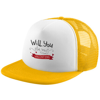 Will you be my Valentine???, Καπέλο Ενηλίκων Soft Trucker με Δίχτυ Κίτρινο/White (POLYESTER, ΕΝΗΛΙΚΩΝ, UNISEX, ONE SIZE)