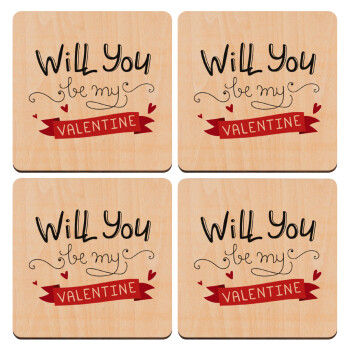Will you be my Valentine???, ΣΕΤ x4 Σουβέρ ξύλινα τετράγωνα plywood (9cm)