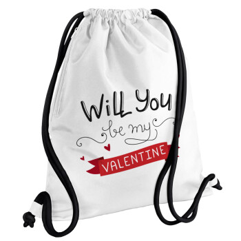Will you be my Valentine???, Τσάντα πλάτης πουγκί GYMBAG λευκή, με τσέπη (40x48cm) & χονδρά κορδόνια