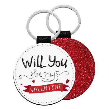 Will you be my Valentine???, Μπρελόκ Δερματίνη, στρογγυλό ΚΟΚΚΙΝΟ (5cm)