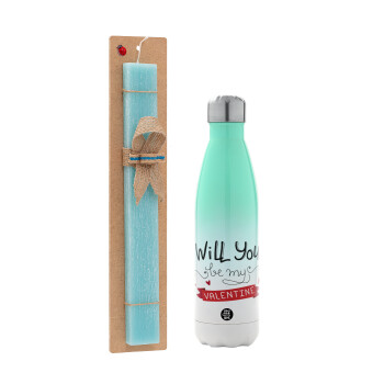 Will you be my Valentine???, Easter Set, Metallic green/white thermos (Stainless steel), double-walled, 500ml & scented flat Easter candle (30cm) (TURQUOISE)
