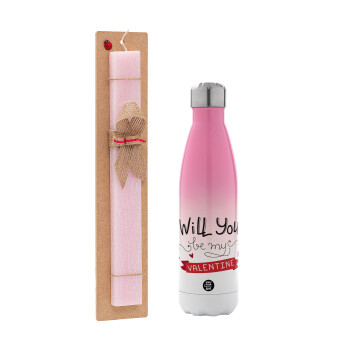 Will you be my Valentine???, Easter Set, Metallic pink/white (Stainless steel) thermos, double-walled, 500ml & aromatic flat Easter candle (30cm) (PINK)