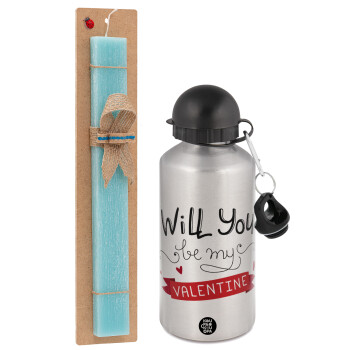 Will you be my Valentine???, Easter Set, metallic silver aluminum water bottle (500ml) & scented flat Easter candle (30cm) (TURQUOISE)