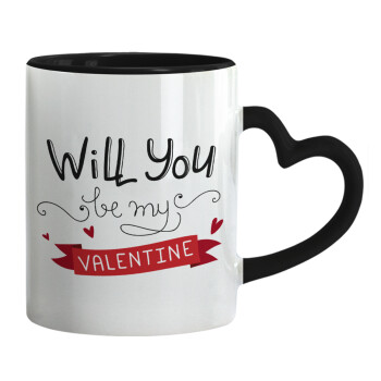 Will you be my Valentine???, Κούπα καρδιά χερούλι μαύρη, κεραμική, 330ml