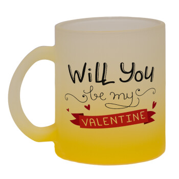 Will you be my Valentine???, Κούπα γυάλινη δίχρωμη με βάση το κίτρινο ματ, 330ml