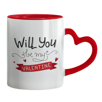 Will you be my Valentine???, Κούπα καρδιά χερούλι κόκκινη, κεραμική, 330ml