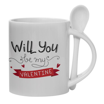 Will you be my Valentine???, Ceramic coffee mug with Spoon, 330ml (1pcs)