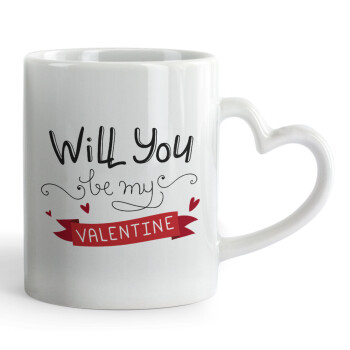 Will you be my Valentine???, Κούπα καρδιά χερούλι λευκή, κεραμική, 330ml