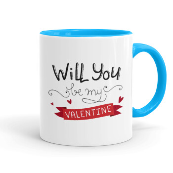 Will you be my Valentine???, Κούπα χρωματιστή γαλάζια, κεραμική, 330ml