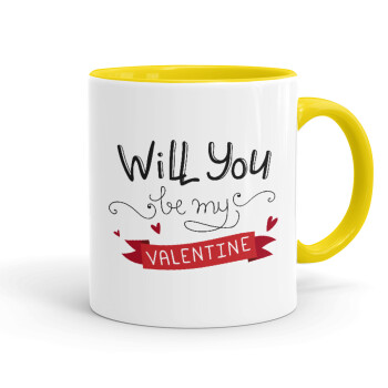 Will you be my Valentine???, Κούπα χρωματιστή κίτρινη, κεραμική, 330ml