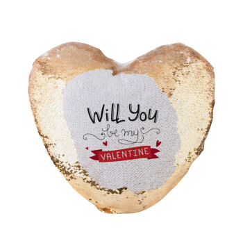 Will you be my Valentine???, Μαξιλάρι καναπέ καρδιά Μαγικό Χρυσό με πούλιες 40x40cm περιέχεται το  γέμισμα