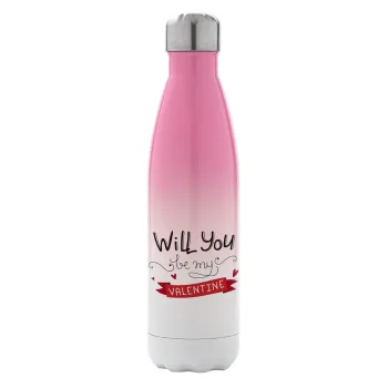 Will you be my Valentine???, Metal mug thermos Pink/White (Stainless steel), double wall, 500ml