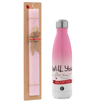 Will you be my Valentine???, Easter Set, Metallic pink/white (Stainless steel) thermos, double-walled, 500ml & aromatic flat Easter candle (30cm) (PINK)
