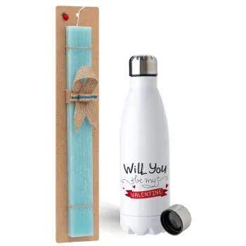 Will you be my Valentine???, Easter Set, metallic stainless steel water bottle (750ml) & aromatic flat Easter candle (30cm) (TURQUOISE)